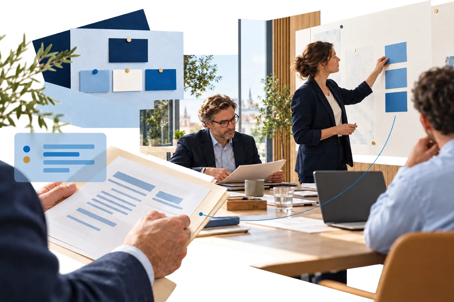 Bildmontage zur Prozessanalyse mit Ablaufkarten, Unterlagen und einer Besprechung am Whiteboard
