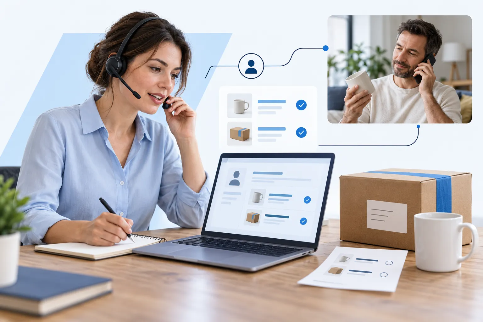 Bildmontage zur telefonischen Bestellannahme mit Headset, Laptop und Bestellangaben