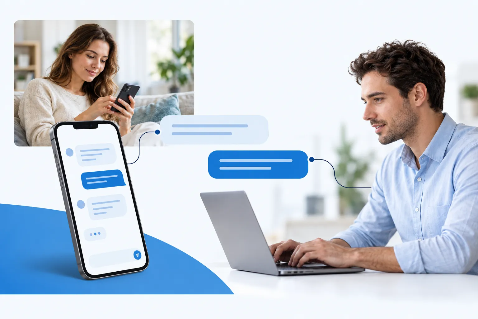Bildmontage eines Live-Chats auf Smartphone und Laptop mit zwei Personen im Austausch