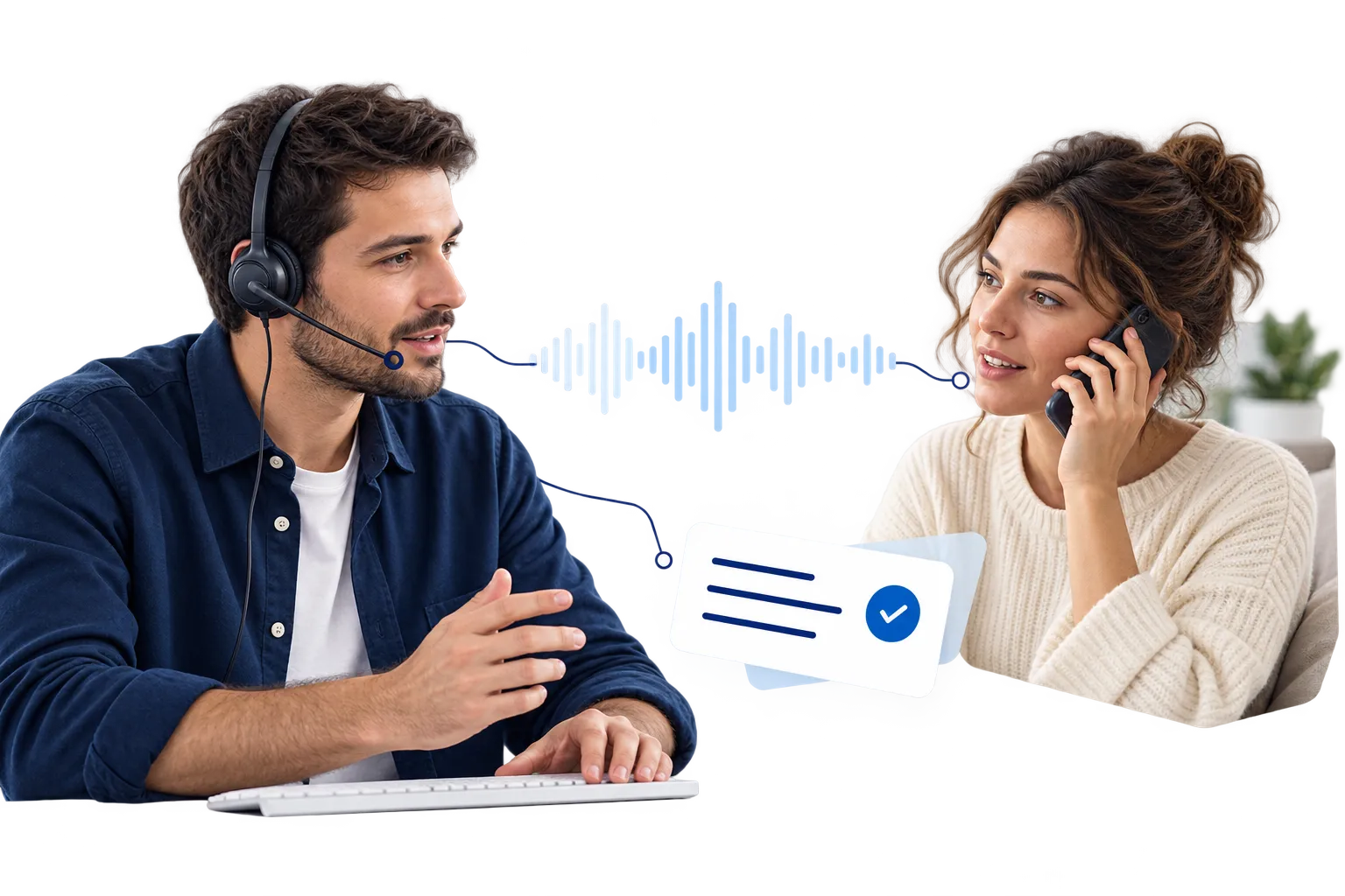 Bildmontage zweier Personen im Telefongespräch mit einer Wellenform und einer Vorgangsnotiz