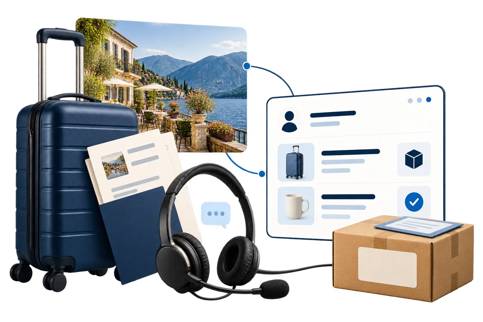 Bildmontage aus Reisekoffer, Reiseziel, Headset und einer Bestellübersicht