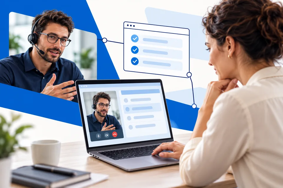 Illustration einer Nutzerin beim Software-Onboarding per Videogespräch mit einem Supportmitarbeiter
