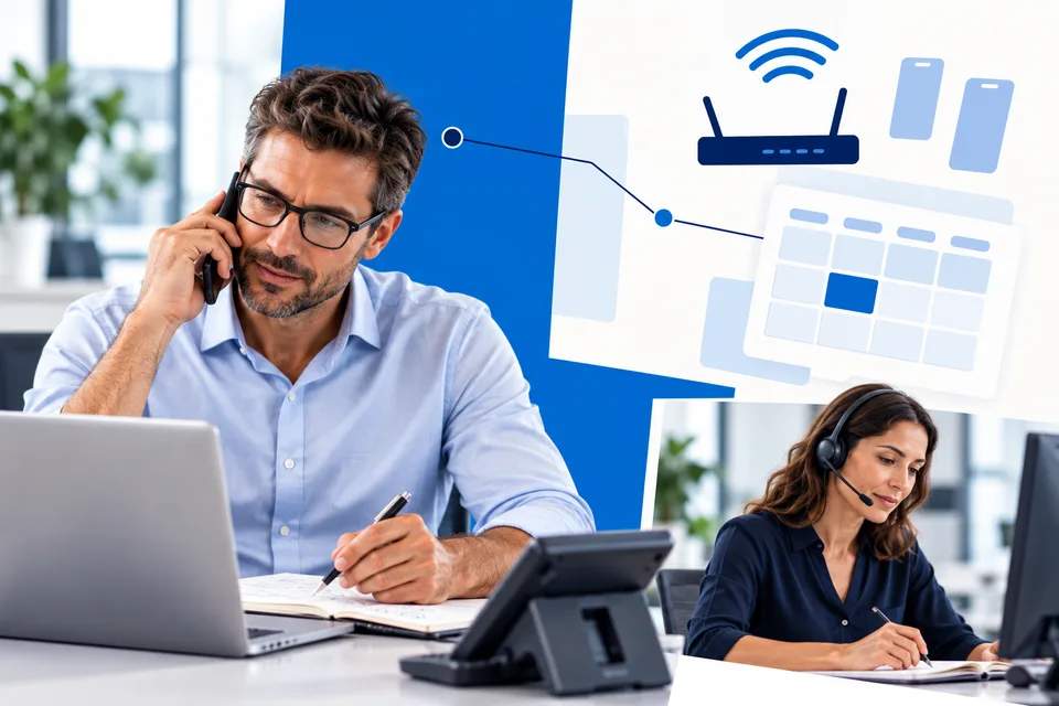 Illustration zu telefonischer Vertriebsunterstützung mit Telekommunikations- und Terminsymbolen