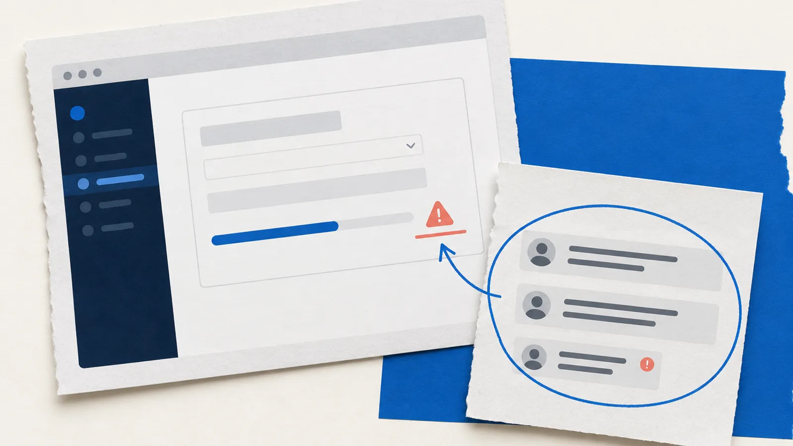 Illustration einer Softwareoberfläche mit Fehlermeldung und mehreren Kundenmeldungen zum selben Problem
