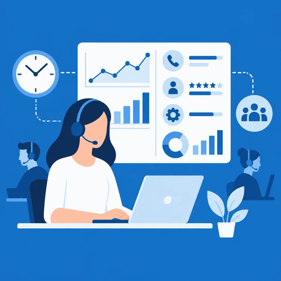 Illustration eines Callcenter-Teams vor einem Dashboard mit Zeit-, Qualitäts- und Leistungskennzahlen
