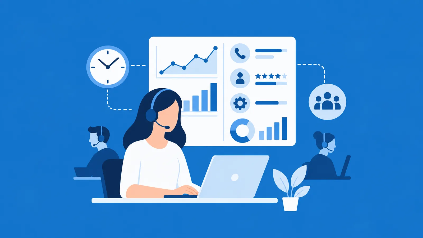 Illustration eines Callcenter-Teams vor einem Dashboard mit Zeit-, Qualitäts- und Leistungskennzahlen