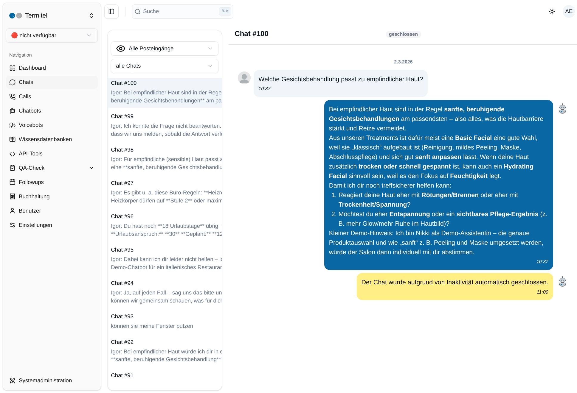 Termitel Bots mit Posteingang, Chatverlauf und Bot-Verwaltung